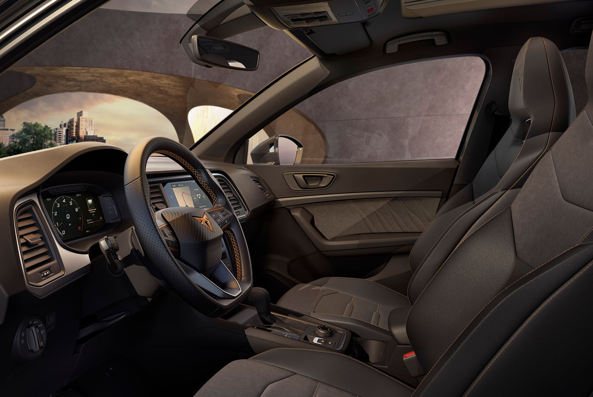 Interior view of the CUPRA Ateca Tribe Edition featuring the Dinamica black interior and sport-inspired Bucket seats.