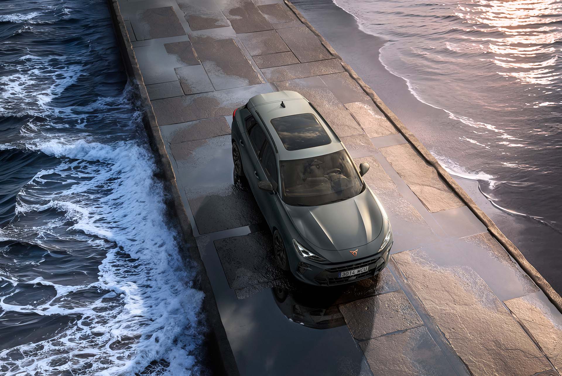 new cupra terramar 2024 hybrid suv model, featuring a panoramic sunroof, sleek design and modern alloy wheels, on a wet pavement by the sea. birds eye view.