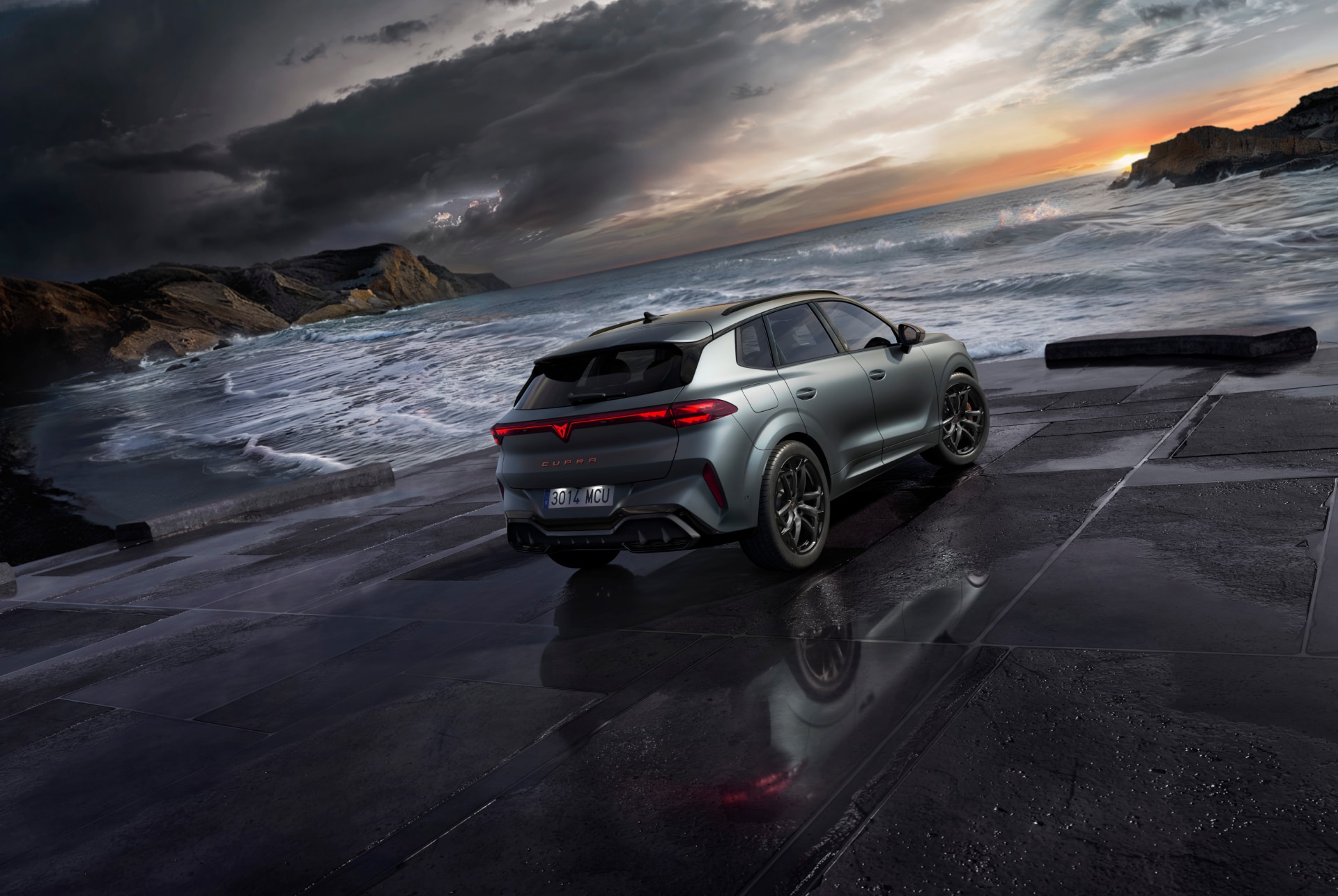 cupra terramar hybrid suv, new 2024 model, rear view angle, featuring sleek rear lights with cupra logo, modern alloy wheels and a sporty car body, on a wet pavement by the sea. 